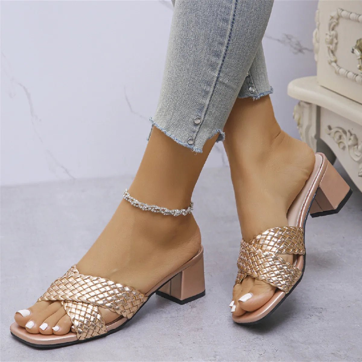 Women's crisscross PU leather block heel sandals with ankle straps, stylish and comfortable footwear by Plush Fashion Hub.