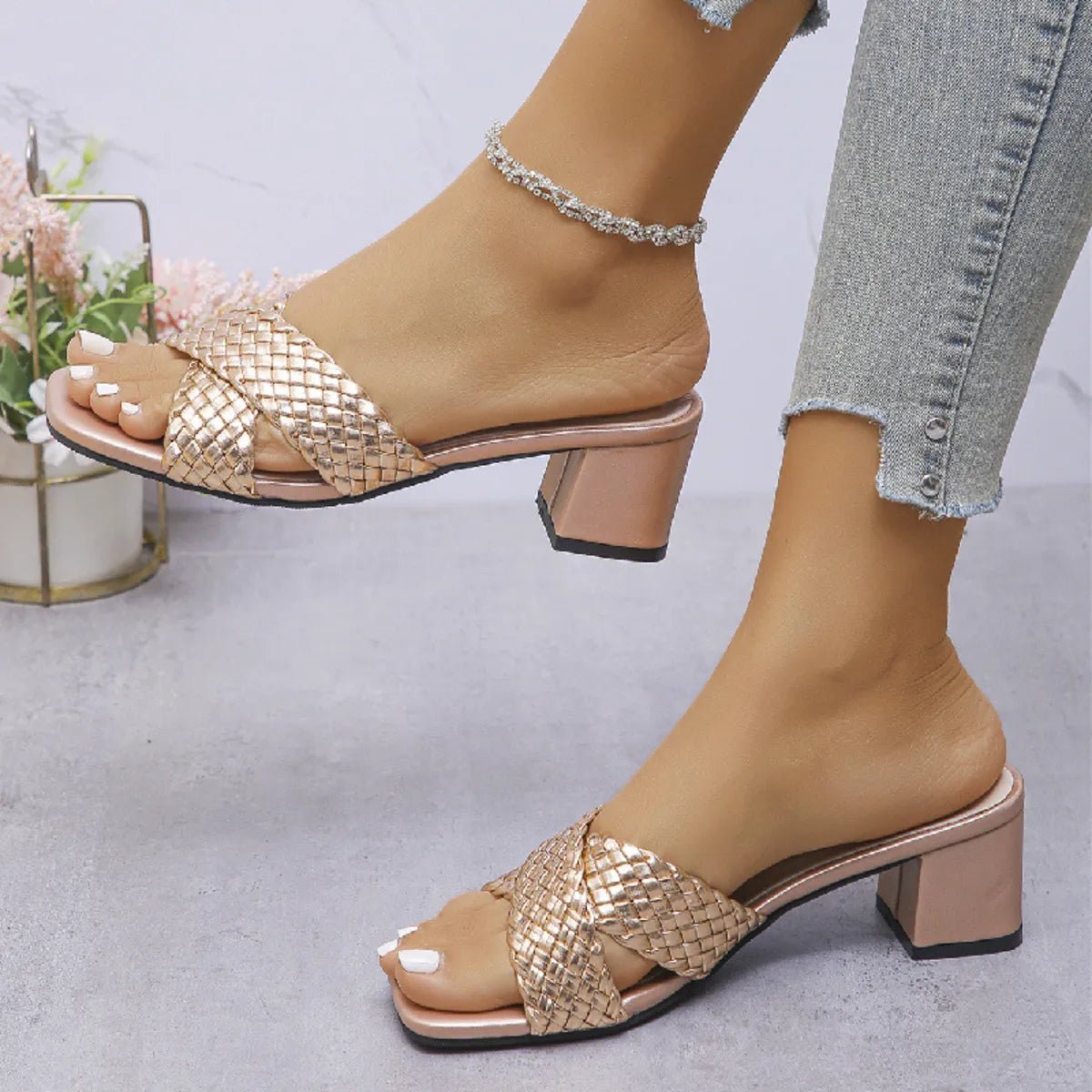 Women's crisscross PU leather block heel sandals with open toe design by Plush Fashion Hub, showcasing stylish summer footwear.