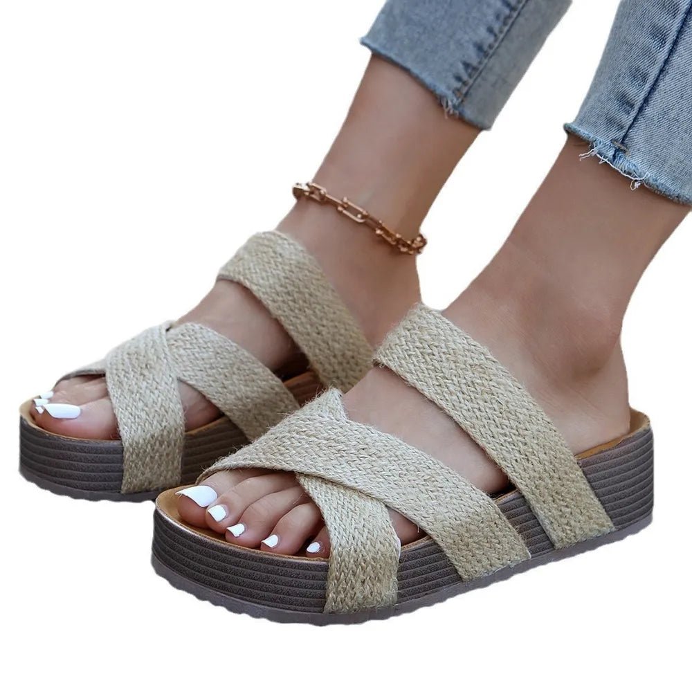 Women’s crisscross open toe platform faux leather sandals by Plush Fashion Hub, showing stylish straps and chunky heel.
