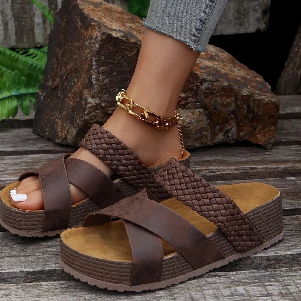 Women’s crisscross open toe platform faux leather sandals by Plush Fashion Hub, featuring stylish design and comfortable slip-on style.