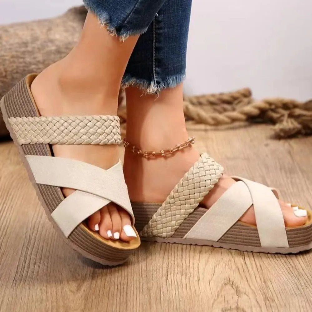 Women’s crisscross open toe platform faux leather sandals by Plush Fashion Hub, showcasing stylish design and comfortable heel.