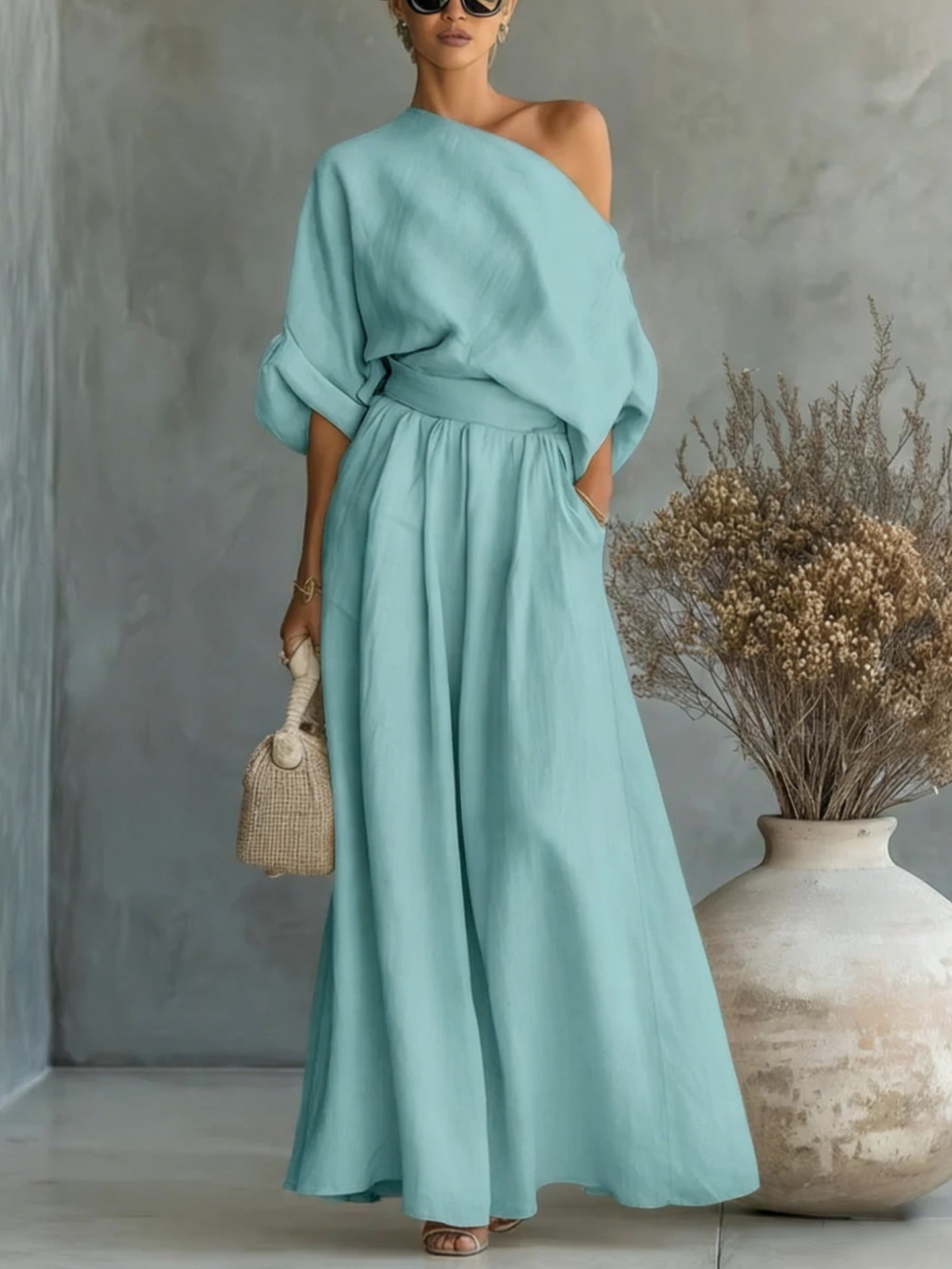 FitiqueFit cropped off-shoulder top and pants two-piece casualwear set in various colors, available in sizes S to 5XL.