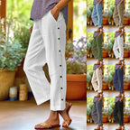 FitiqueFit casual cropped pants with decorative buttons along the side seams, showcasing a stylish and comfortable design.