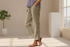 FitiqueFit casual cropped pants with decorative buttons along the side seams, showcasing a stylish and modern design.