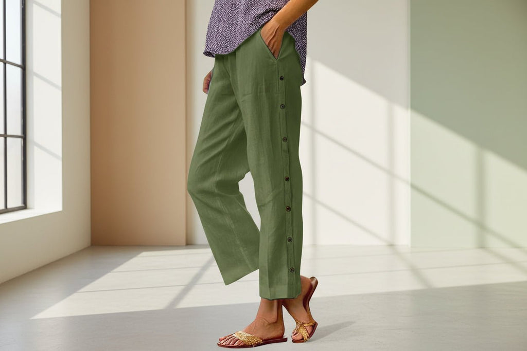 FitiqueFit casual cropped pants with decorative buttons along the side seams, showcasing a stylish and modern design.