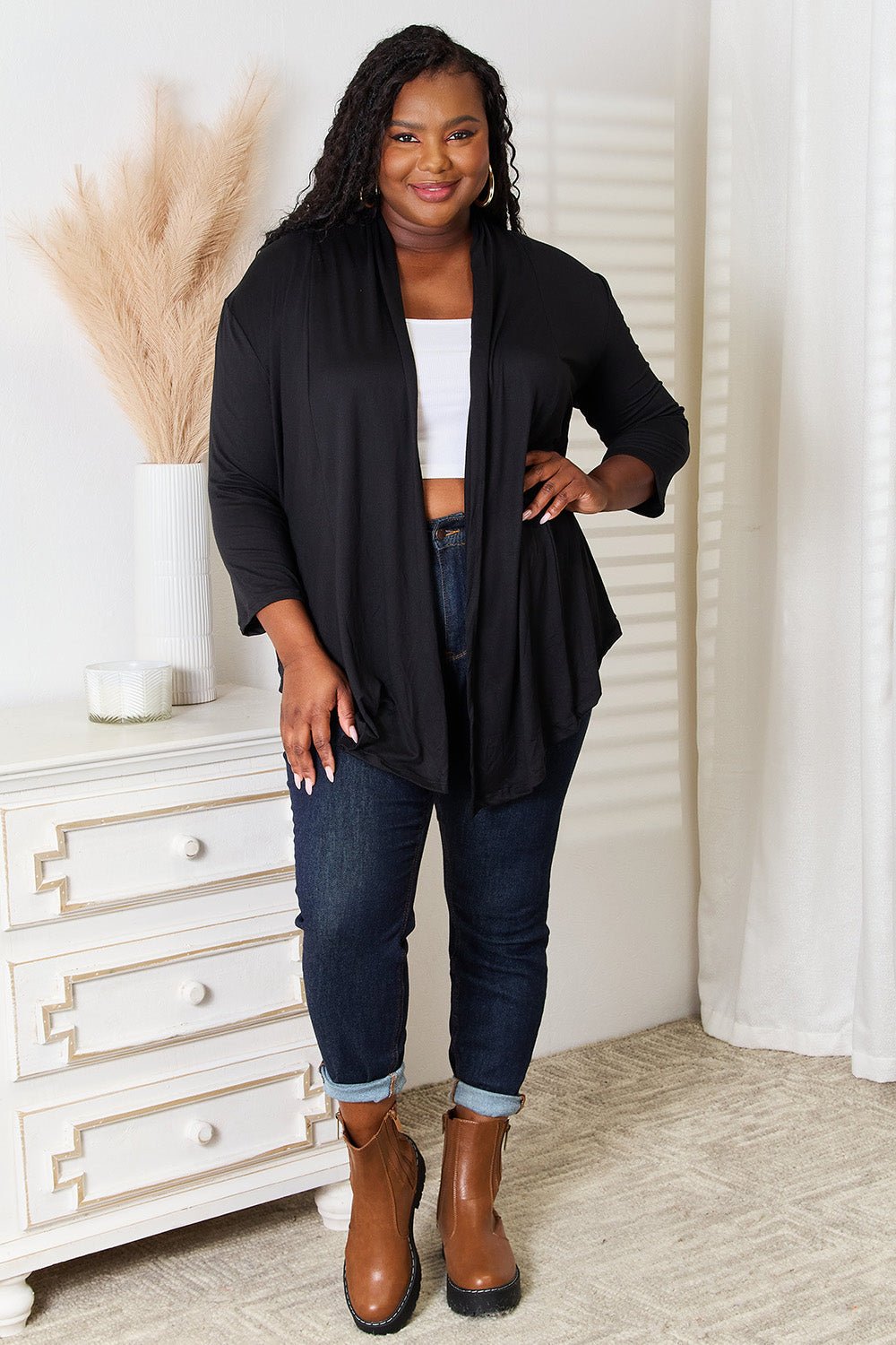 Women's lightweight draped open-front cardigan with 3/4 sleeves, soft fabric, in a relaxed fit from Plush Fashion Hub.