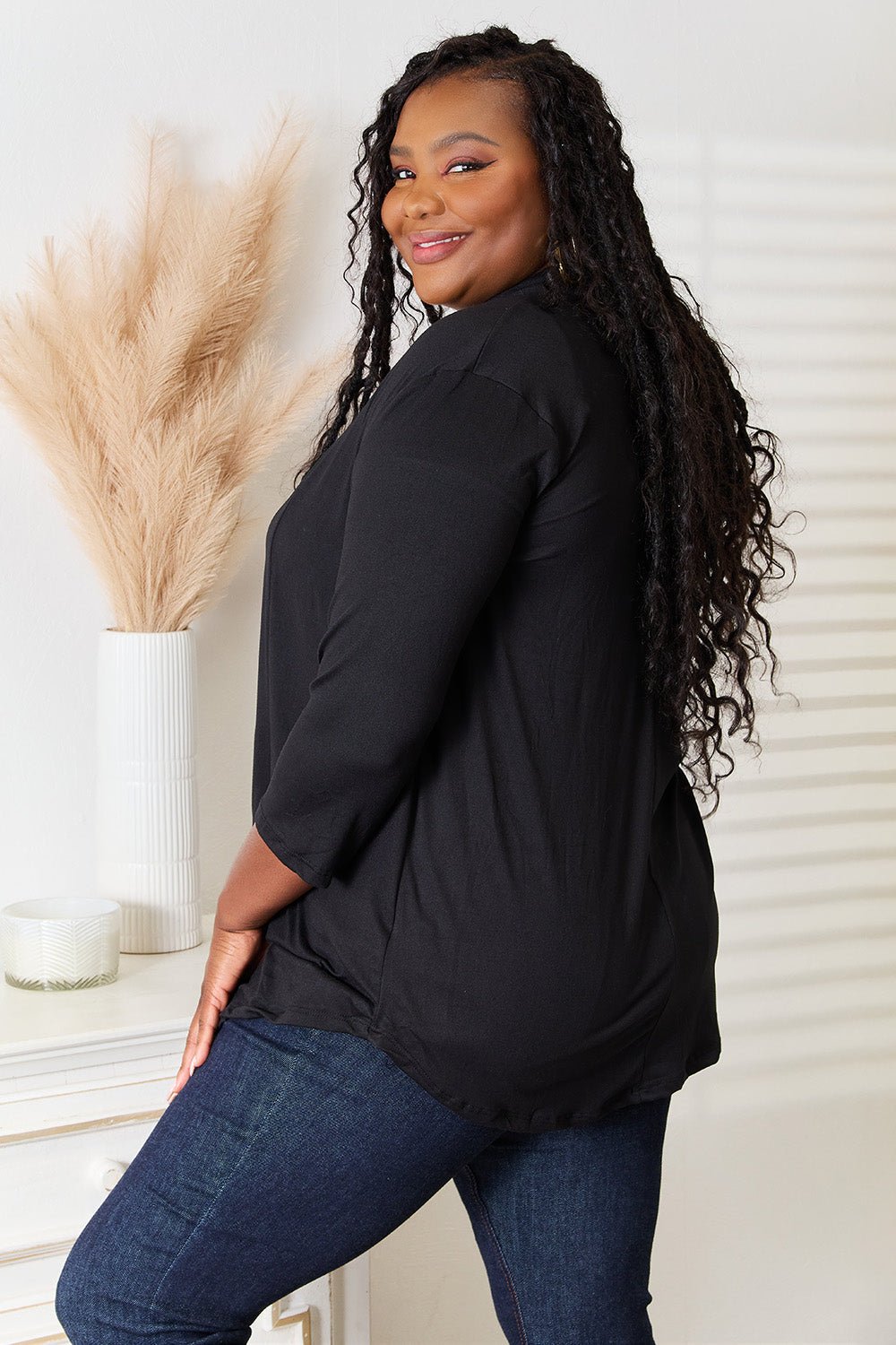 Women's lightweight 3/4 sleeve draped open front cardigan by Plush Fashion Hub, shown in a full-size open front style.