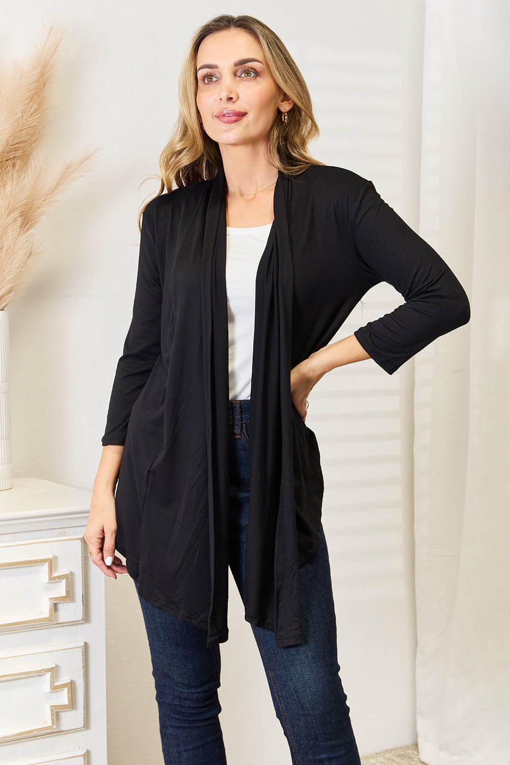 Women's lightweight 3/4 sleeve draped open front cardigan by Plush Fashion Hub, shown in a full-size open front style.
