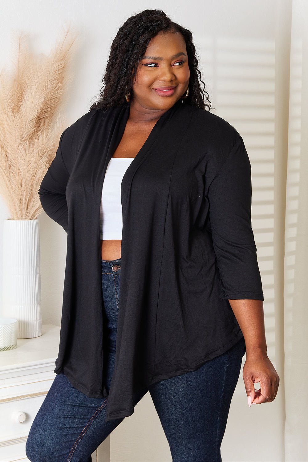 Women’s lightweight 3/4 sleeve draped open-front cardigan from Plush Fashion Hub, displayed in a full-size front view.