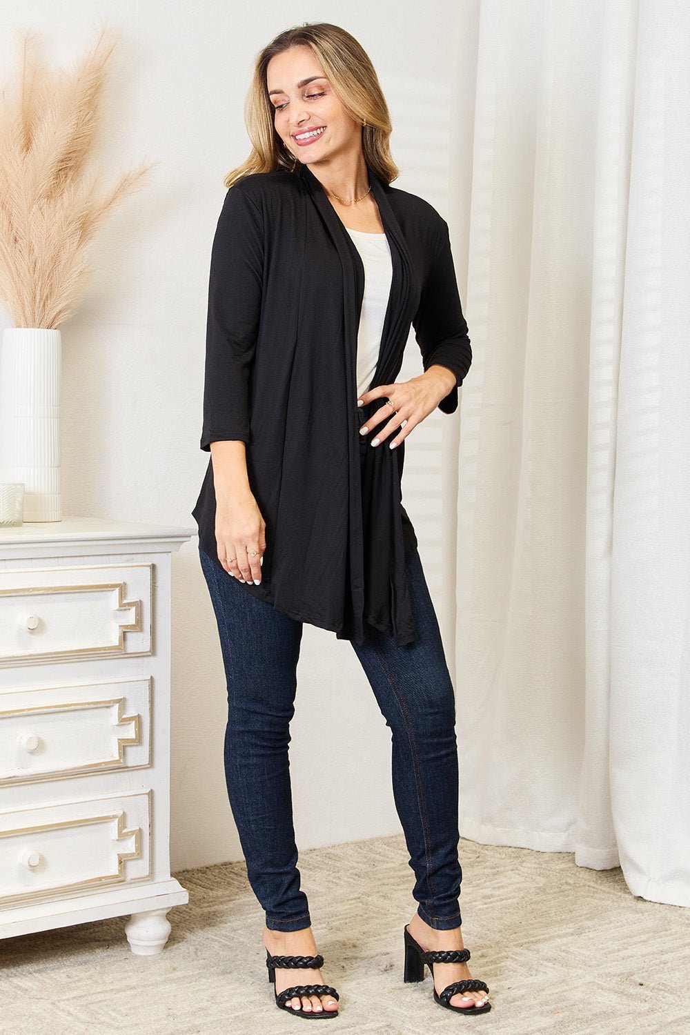 Women's lightweight draped open front cardigan with 3/4 sleeves, soft fabric, and relaxed fit from Plush Fashion Hub.