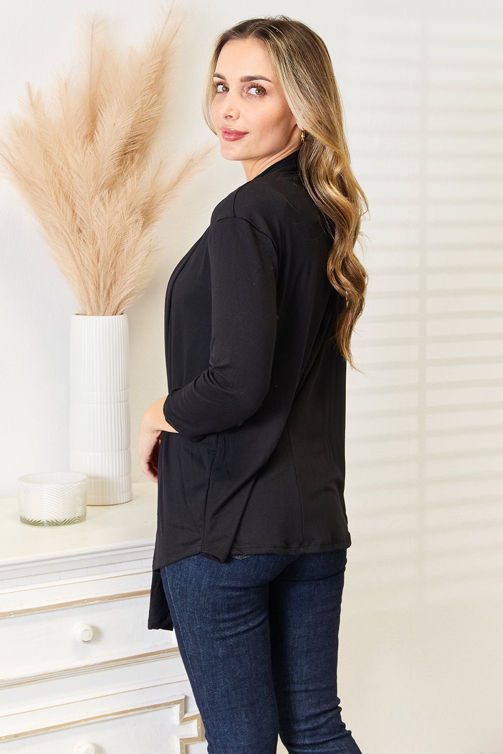 Lightweight women's 3/4 sleeve draped open front cardigan by Plush Fashion Hub, shown in a full-size open front style.
