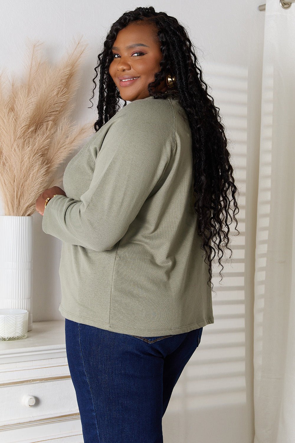 Women’s V-neck long sleeve cotton blend T-shirt by Plush Fashion Hub, featuring a comfortable, basic design in a versatile style.