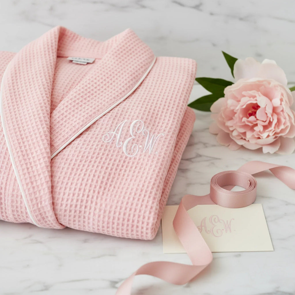Women’s lightweight waffle piping bathrobe by Lotus Linen, spa-style comfort, soft fabric, and cozy fit in the image.