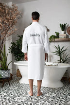 Lightweight Lotus Linen waffle spa bathrobe for men, showing the absorbent, textured fabric and relaxed fit.