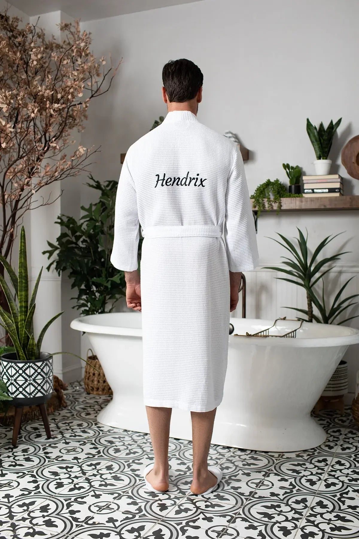 Lightweight Lotus Linen waffle spa bathrobe for men, showing the absorbent, textured fabric and relaxed fit.