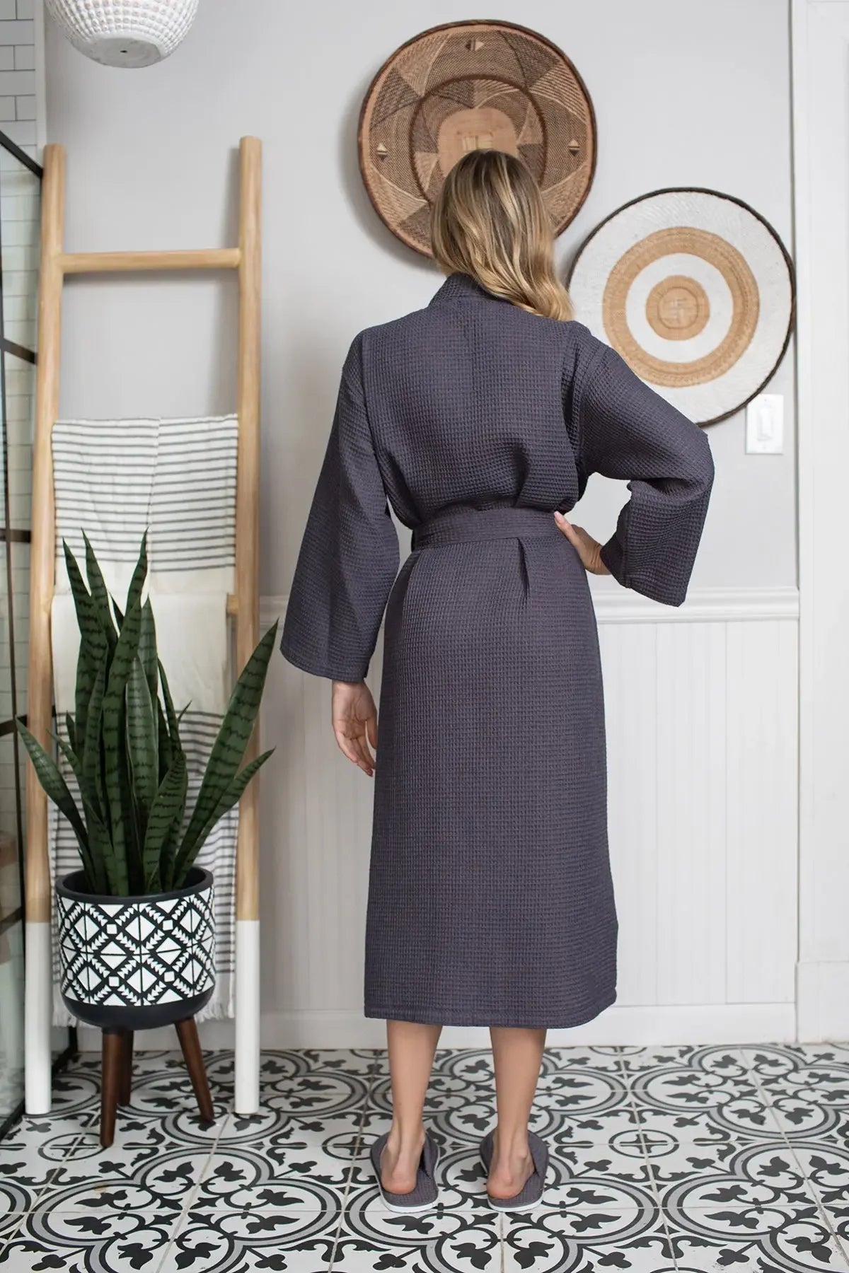 Lightweight women's waffle robe from Lotus Linen, quick-dry spa comfort robe with textured fabric and relaxed fit.