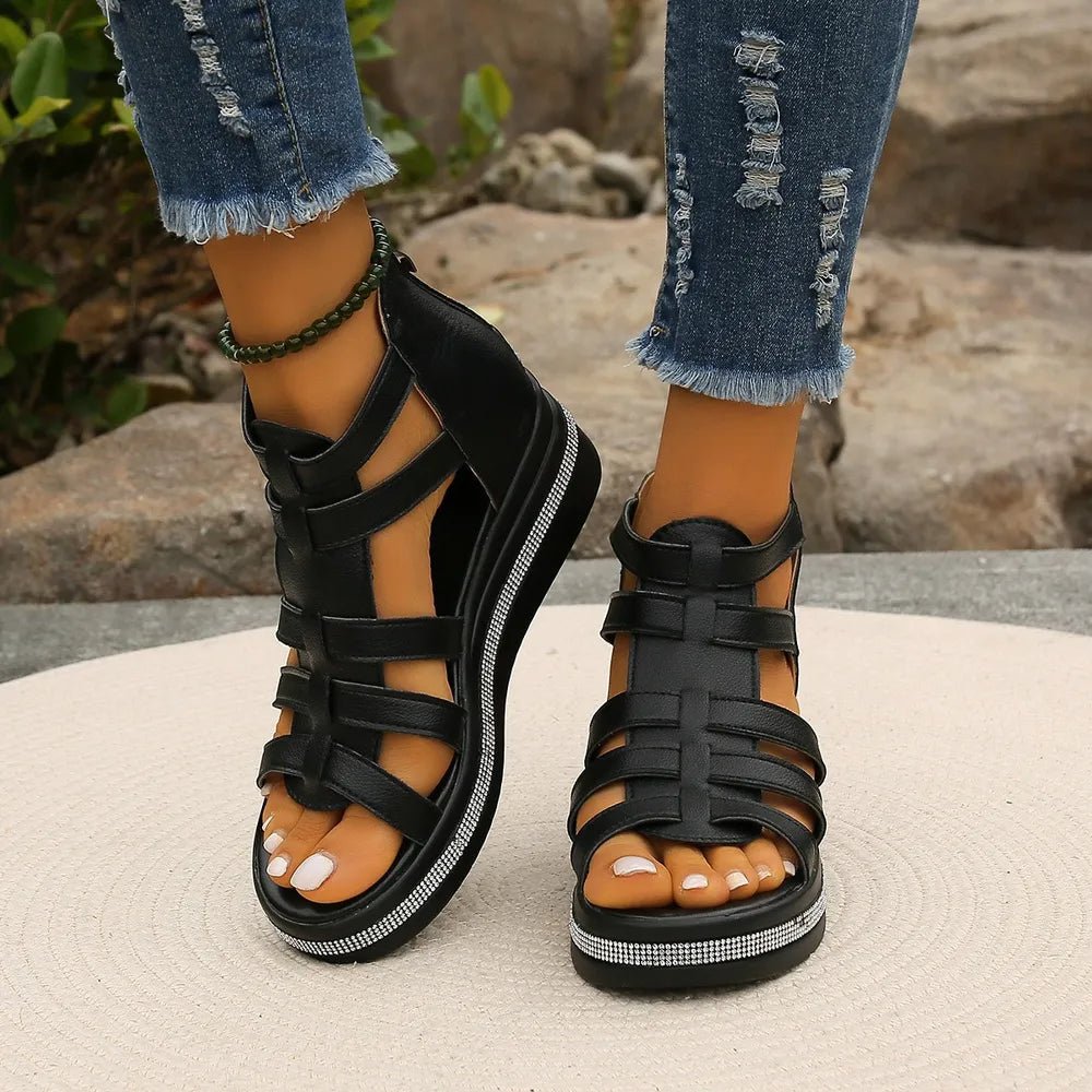 Women’s rhinestone cutout wedge sandals by Plush Fashion Hub featuring sparkling embellishments and comfortable design.
