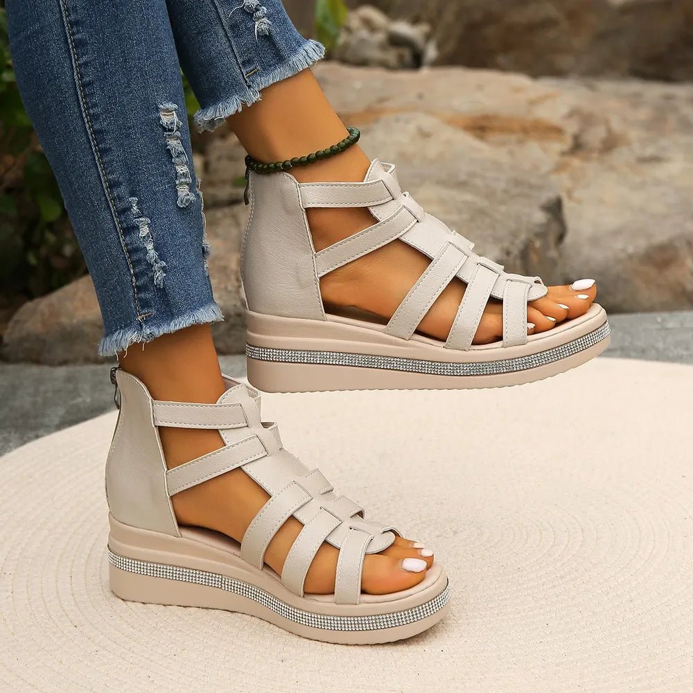 Women’s rhinestone cutout wedge sandals by Plush Fashion Hub featuring sparkling trim and comfortable design for stylish dress wear.