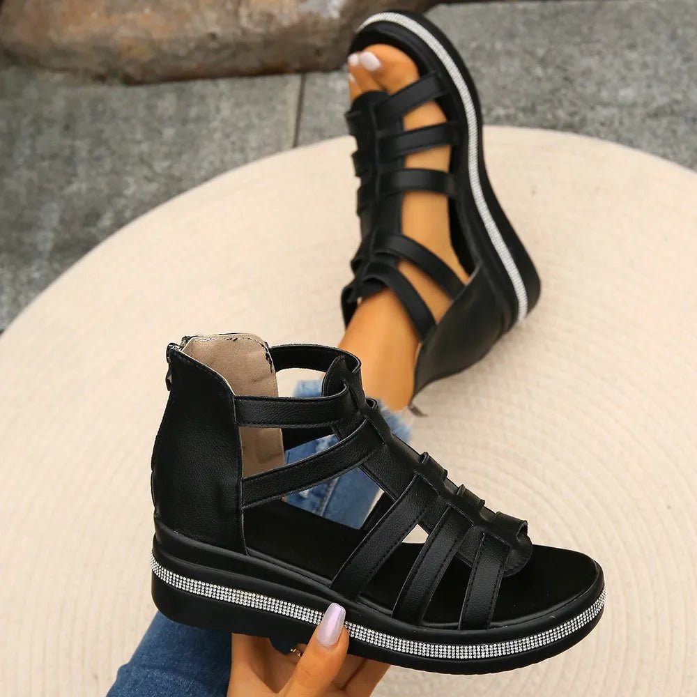Women rhinestone cutout wedge sandals with sparkling accents, comfortable dress shoes featuring a stylish open-toe design.