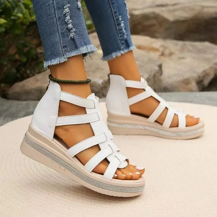 Women’s rhinestone cutout wedge sandals by Plush Fashion Hub featuring sparkling details and comfortable design for stylish wear.