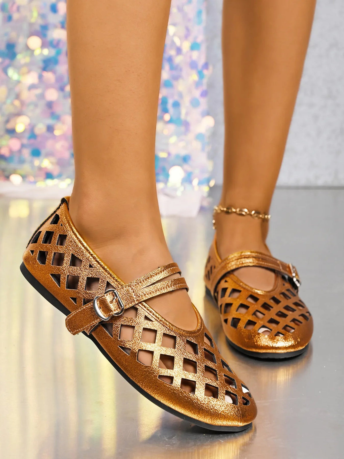 Women's vegan leather flat sandals with cutout design and round toe by Plush Fashion Hub, perfect for casual summer wear.
