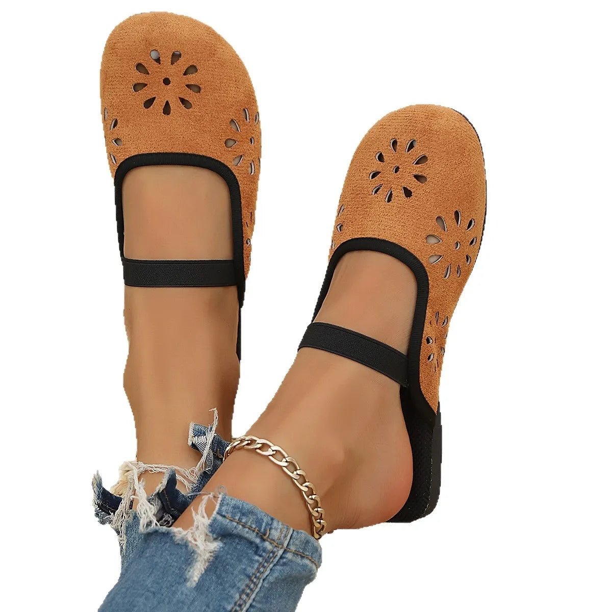 Women's slip-on flats with cutout design and round toe in premium PU leather, stylish shoe from Plush Fashion Hub.