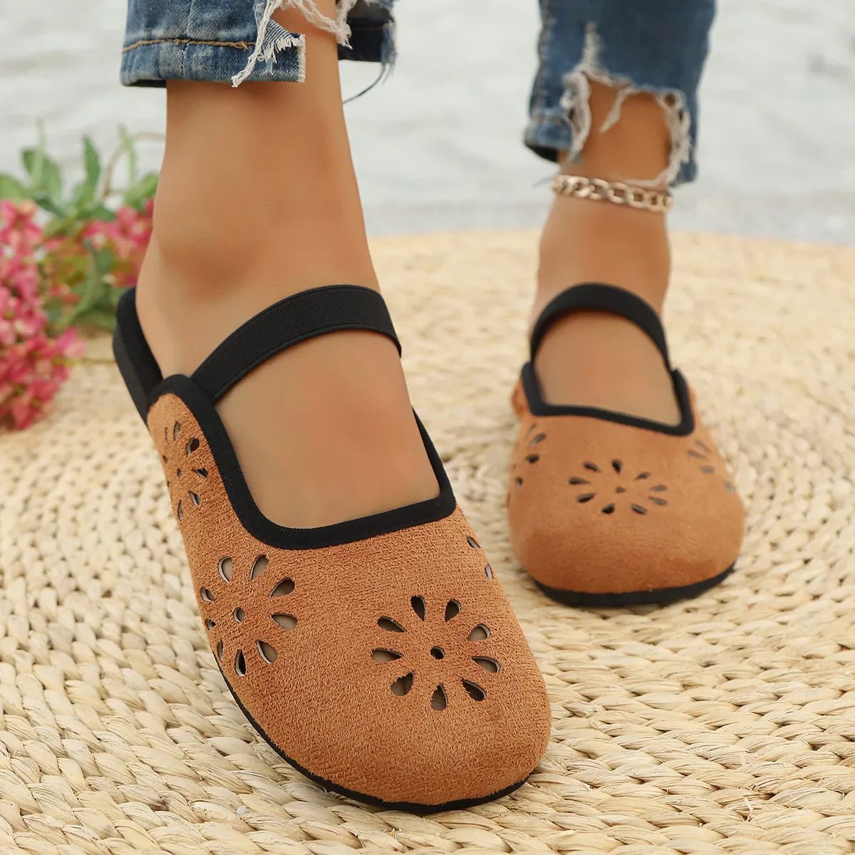 Women's slip-on flats with cutout design and round toe in premium PU leather by Plush Fashion Hub.