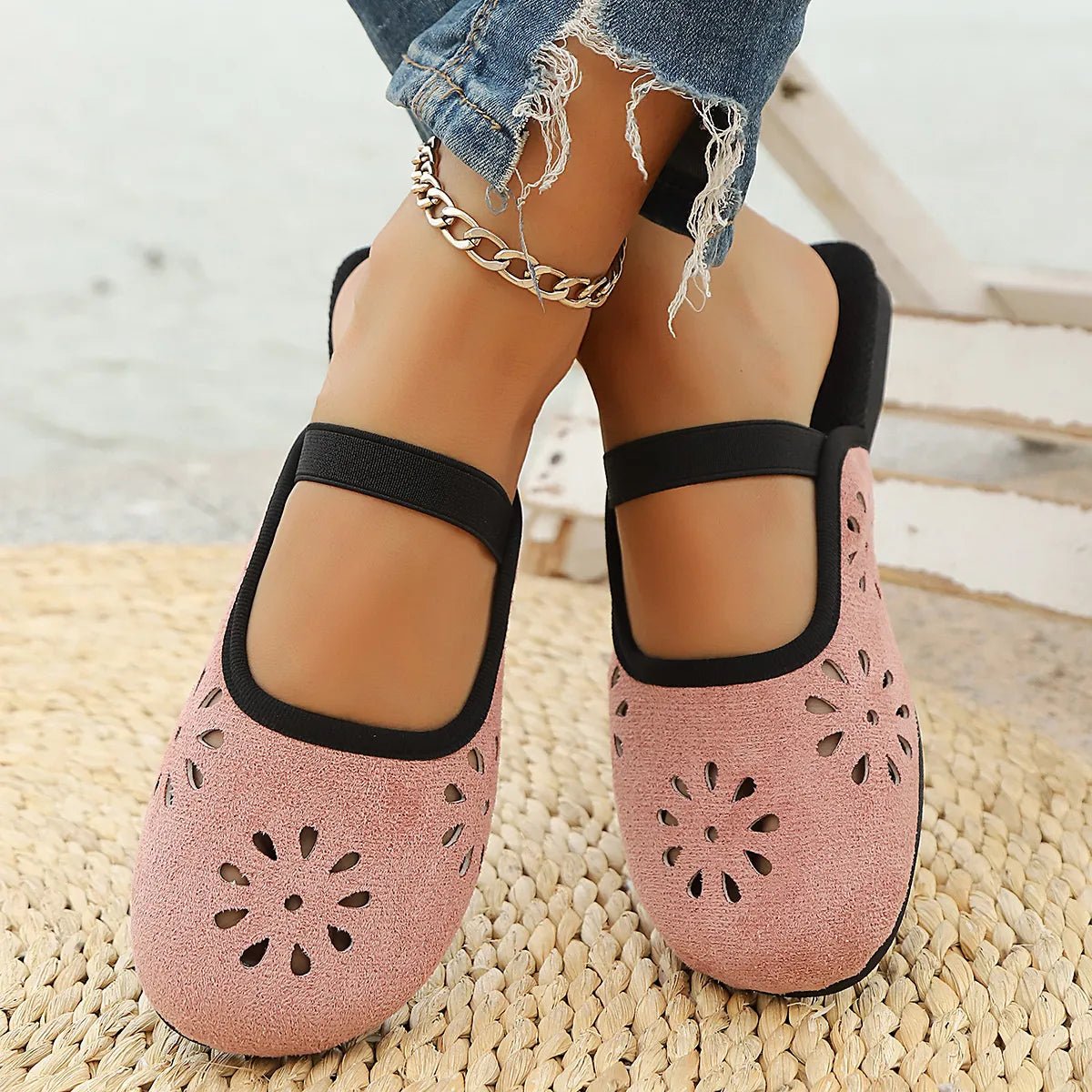 Women's slip-on flats with cutout design and round toe, made of premium PU leather from Plush Fashion Hub.