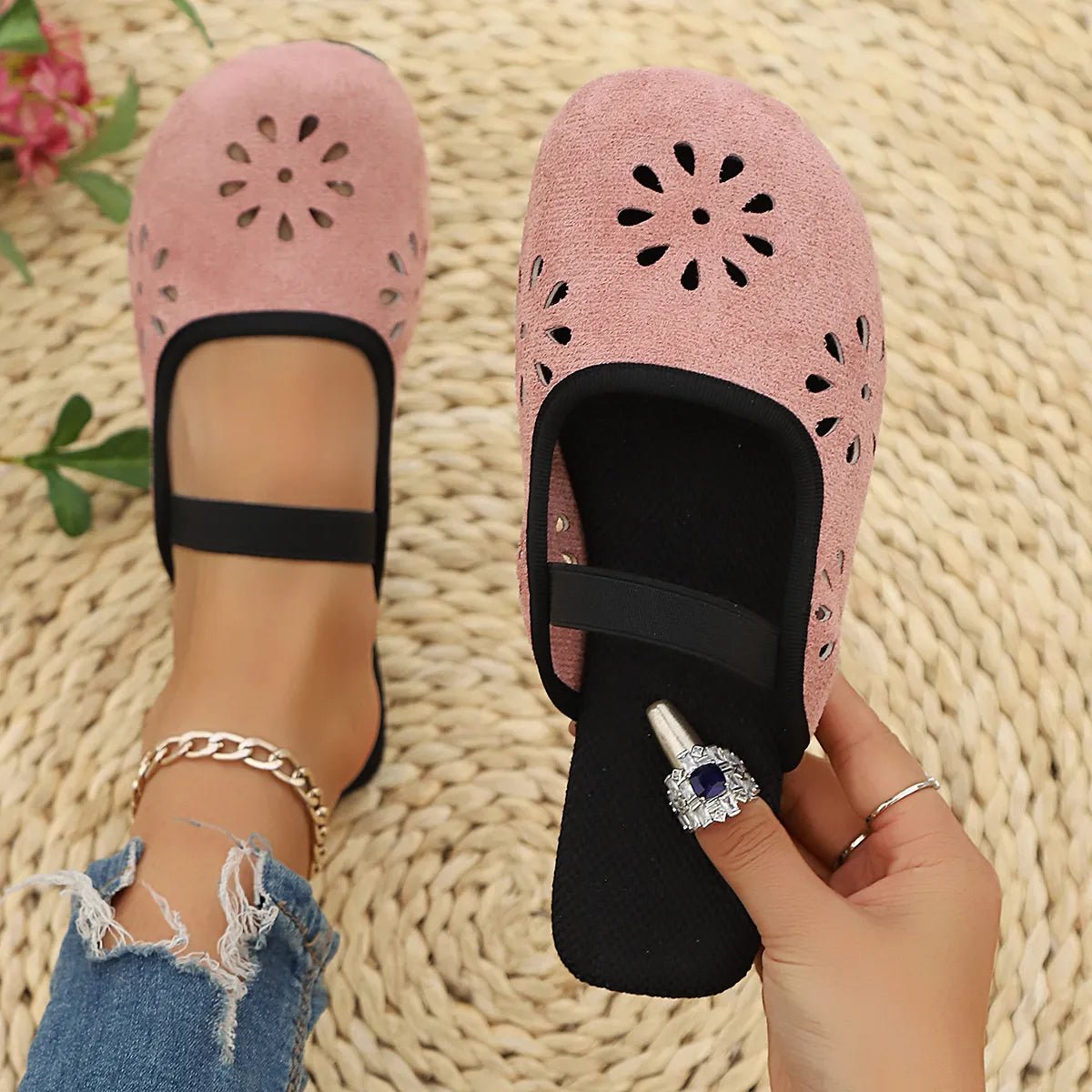 Women's slip-on flats in premium PU leather with cutout design and round toe from Plush Fashion Hub.