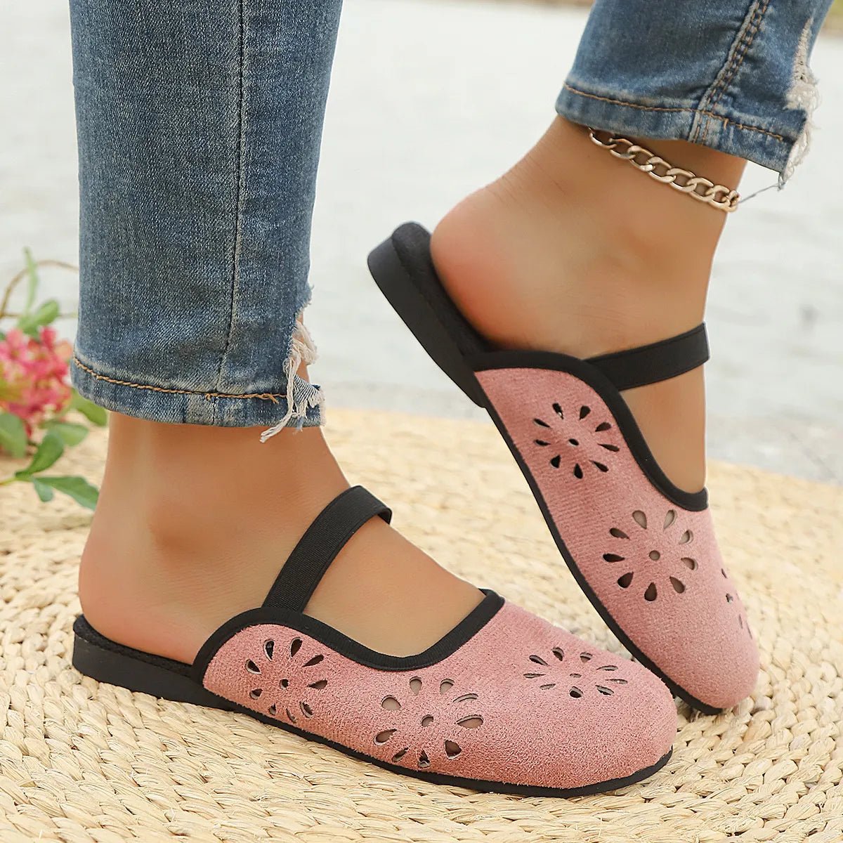 Women's round toe slip-on flats in premium PU leather with stylish cutout details from Plush Fashion Hub.