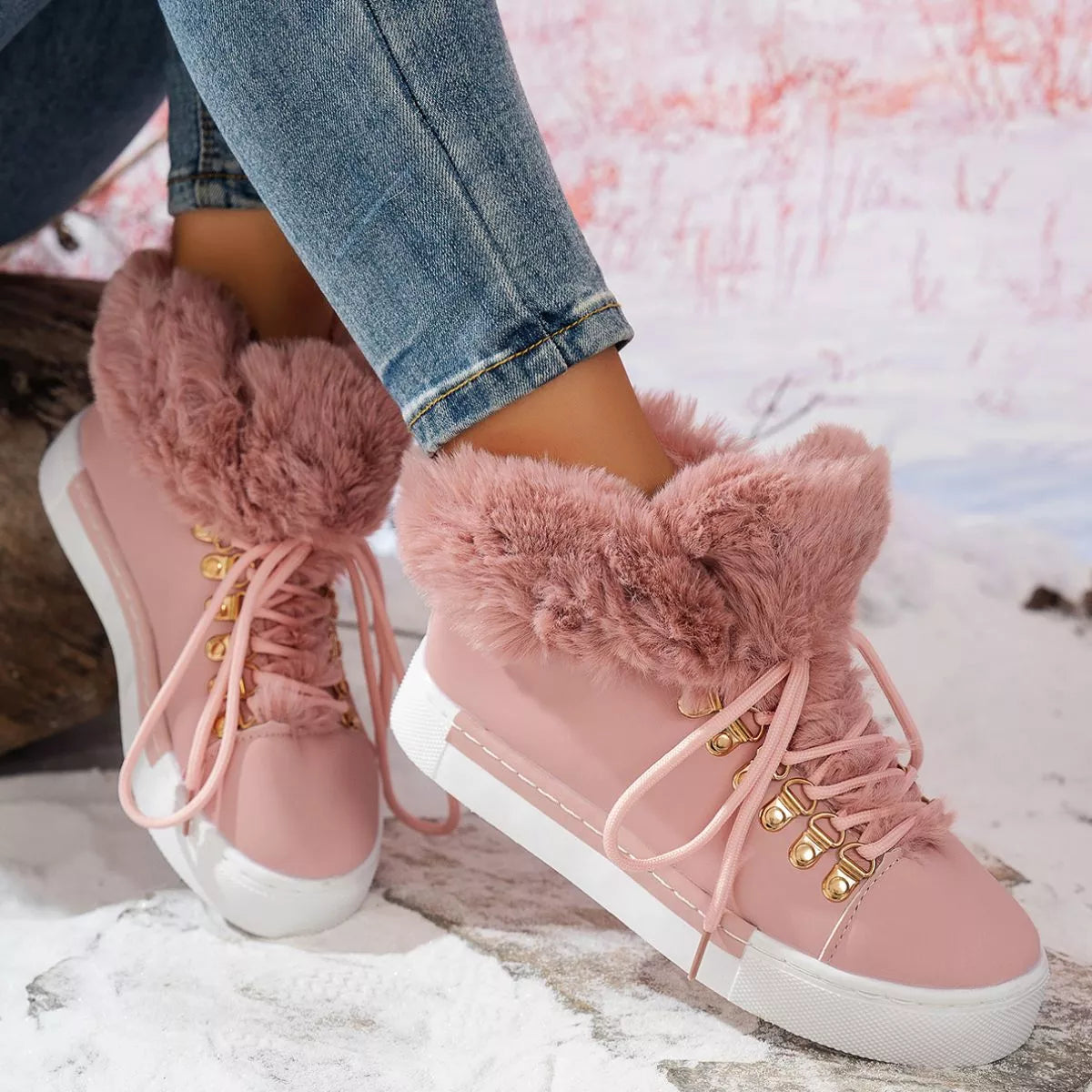 Fuzzy trim lace-up ankle boots by Simply Love featuring a cozy fuzzy trim and stylish lace-up design.