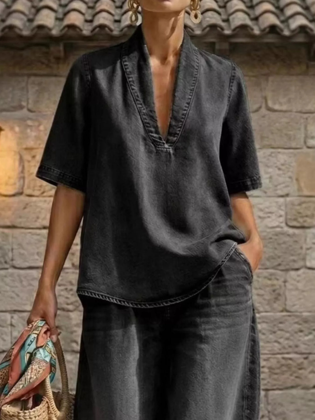 Plus size women's dress with half sleeves and wide-leg pants set by Plush Fashion Hub, featuring a stylish, comfortable fit.