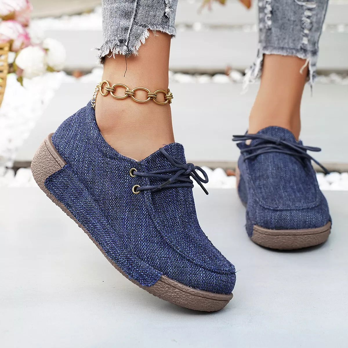 Trendsi round toe lace-up sneakers featuring a classic design, white rubber sole, and stylish urban footwear look.