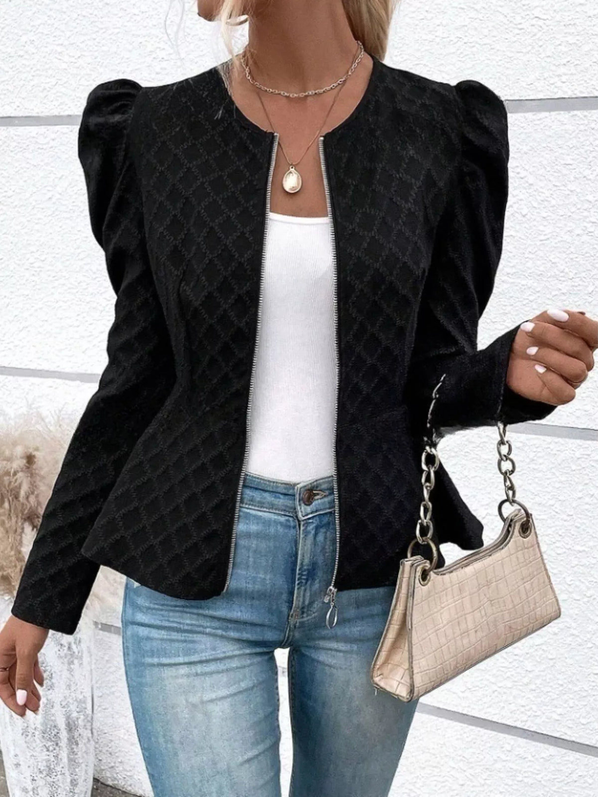 Women’s textured jacquard jacket with puff sleeves, stylish and fashionable, by Trendsi.