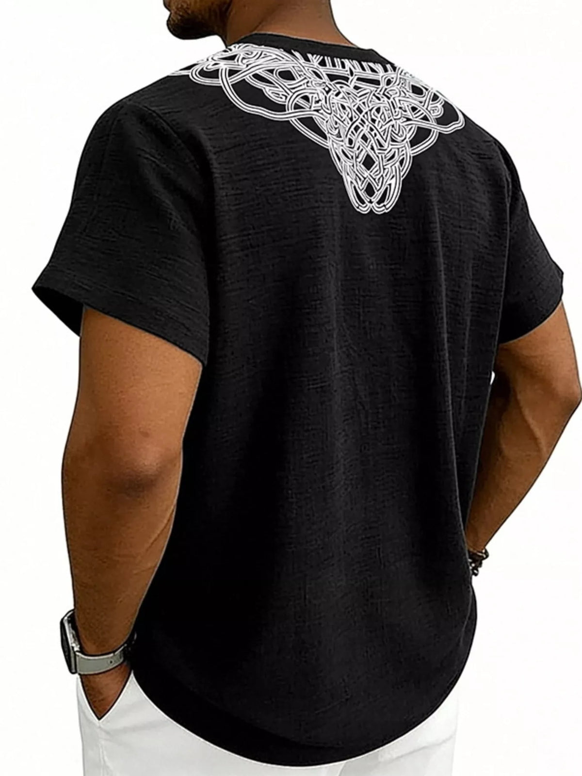 Men's plus size printed short sleeve blouse with notched collar by Plush Fashion Hub, front view showing colorful pattern and fit.