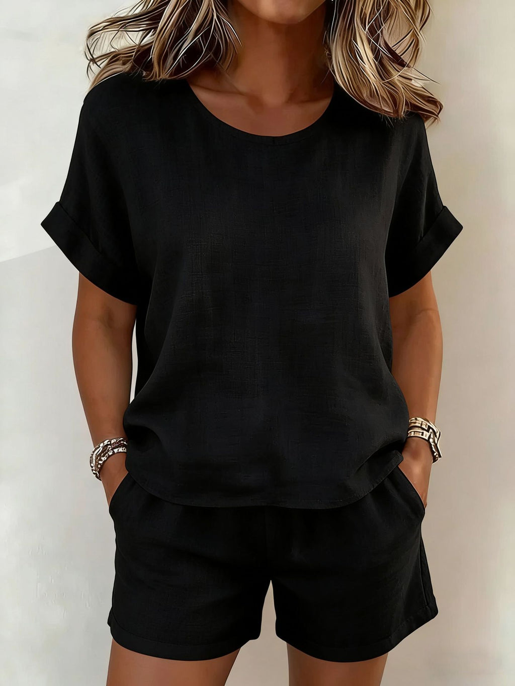 FitiqueFit solid-color cotton linen T-shirt and shorts set in various colors, casualwear for comfortable everyday style.