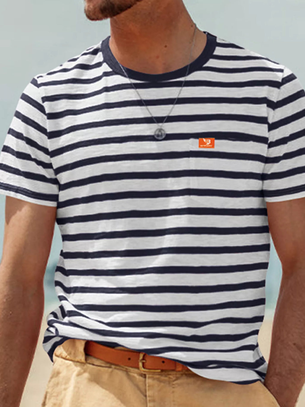 Men's plus size striped pocket short sleeve T-shirt by Trendsi, casual men's shirt with front pocket and colorful stripes.