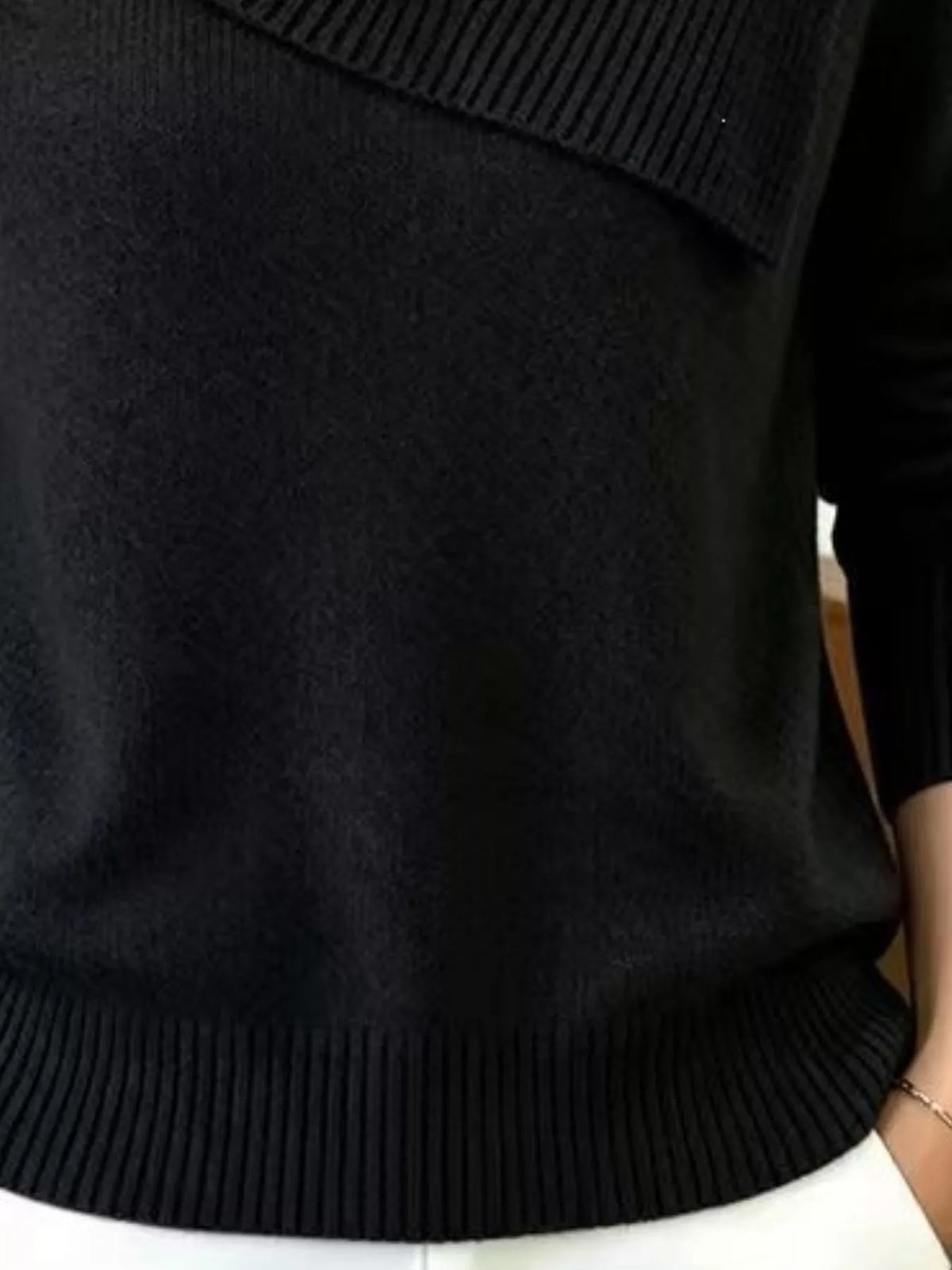 Plus size full-length sweater with an asymmetric ribbed collar, featuring a cozy knit design by Trendsi.