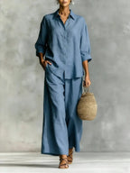 FitiqueFit cotton-linen casual shirt and wide-leg pants suit in multiple colors, featuring relaxed fit and breathable fabric.