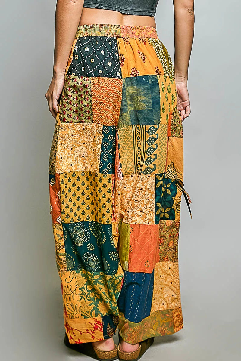 Cotton printed patchwork wide-leg pants with side drawstring, stylish and comfortable pants by Plush Fashion Hub.