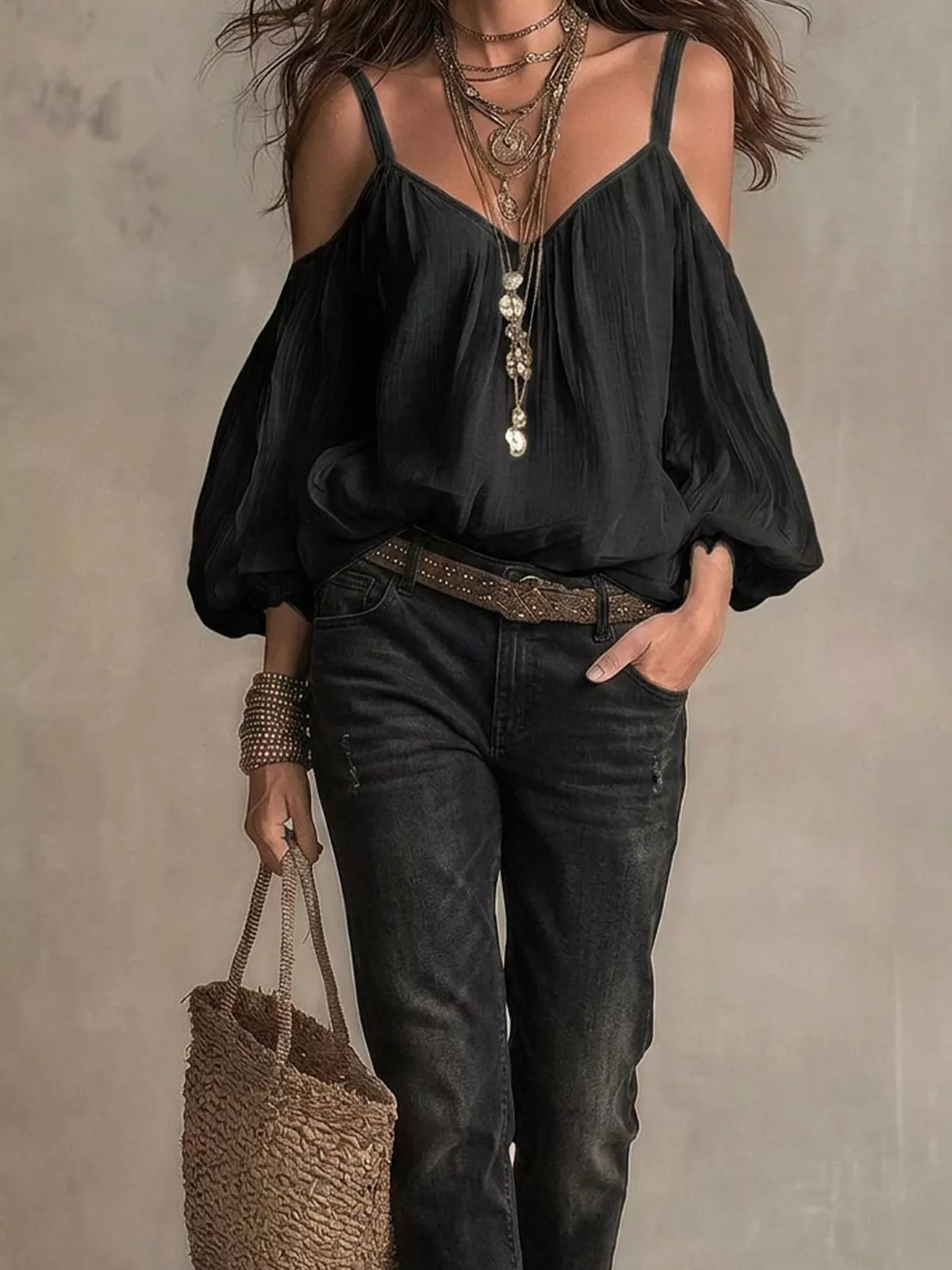 Plush Fashion Hub cold shoulder blouse with balloon sleeves, lightweight fabric, and stylish design for trendy casual wear.