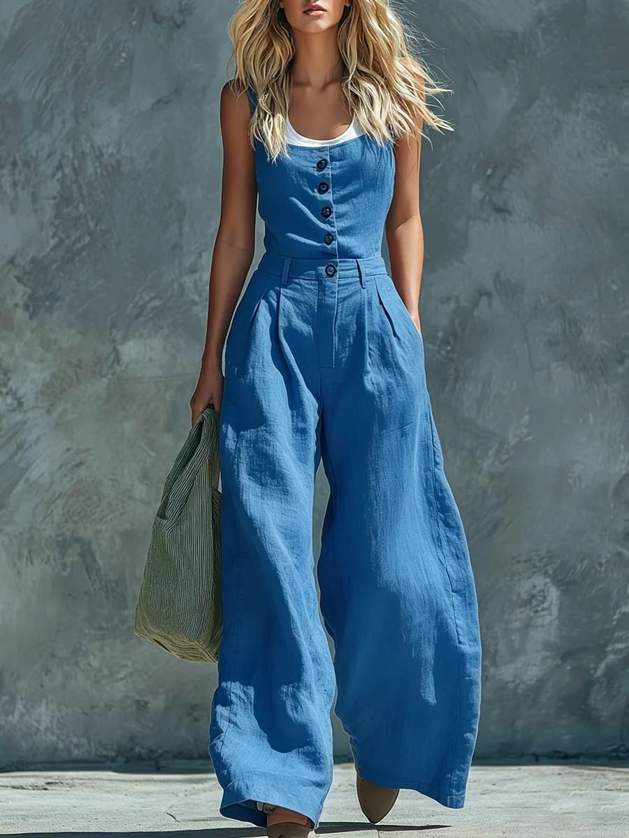 Women's retro button-front high-waist wide-leg jumpsuit by FitiqueFit, casualwear, shown in a stylish, relaxed fit with wide-leg design.