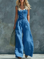 Women's retro button-front high-waist wide-leg jumpsuit by FitiqueFit, casualwear, shown in a stylish, relaxed fit with wide-leg design.