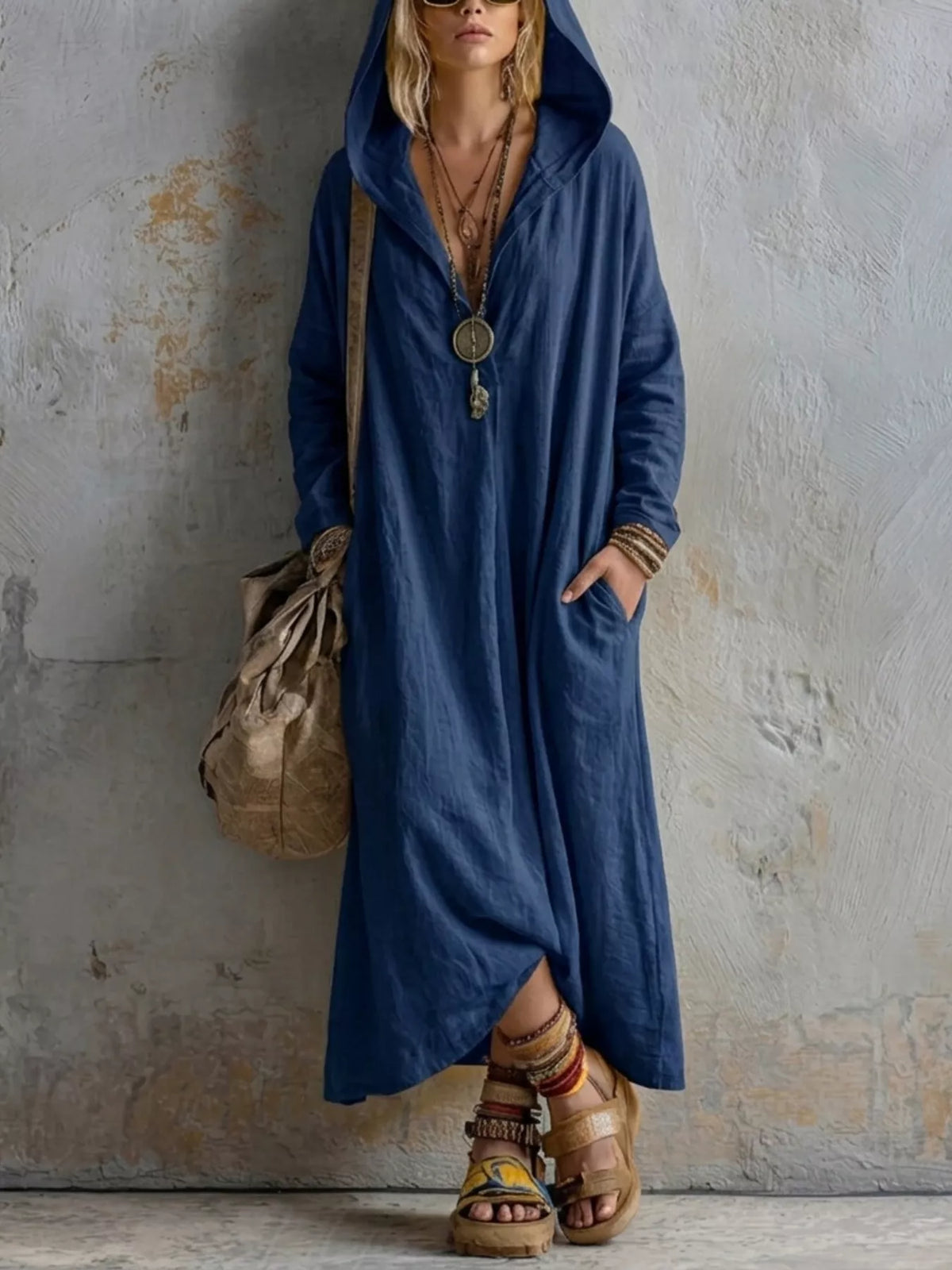 Women's long sleeve hooded midi dress with pockets by Trendsi, featuring a comfortable fit and casual style.