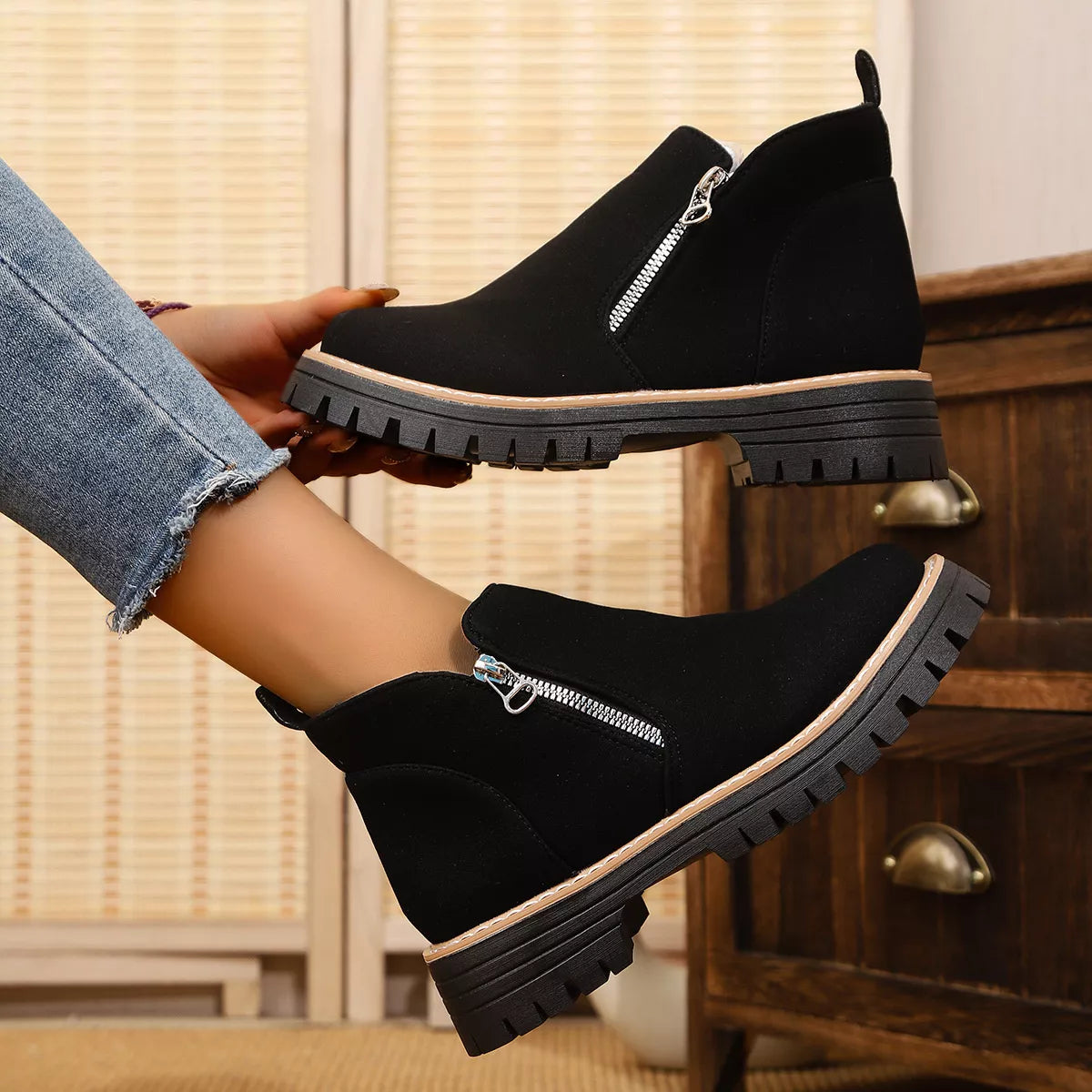 Trendsi ankle boots with zipper accent, stylish footwear featuring a sleek design and comfortable fit.