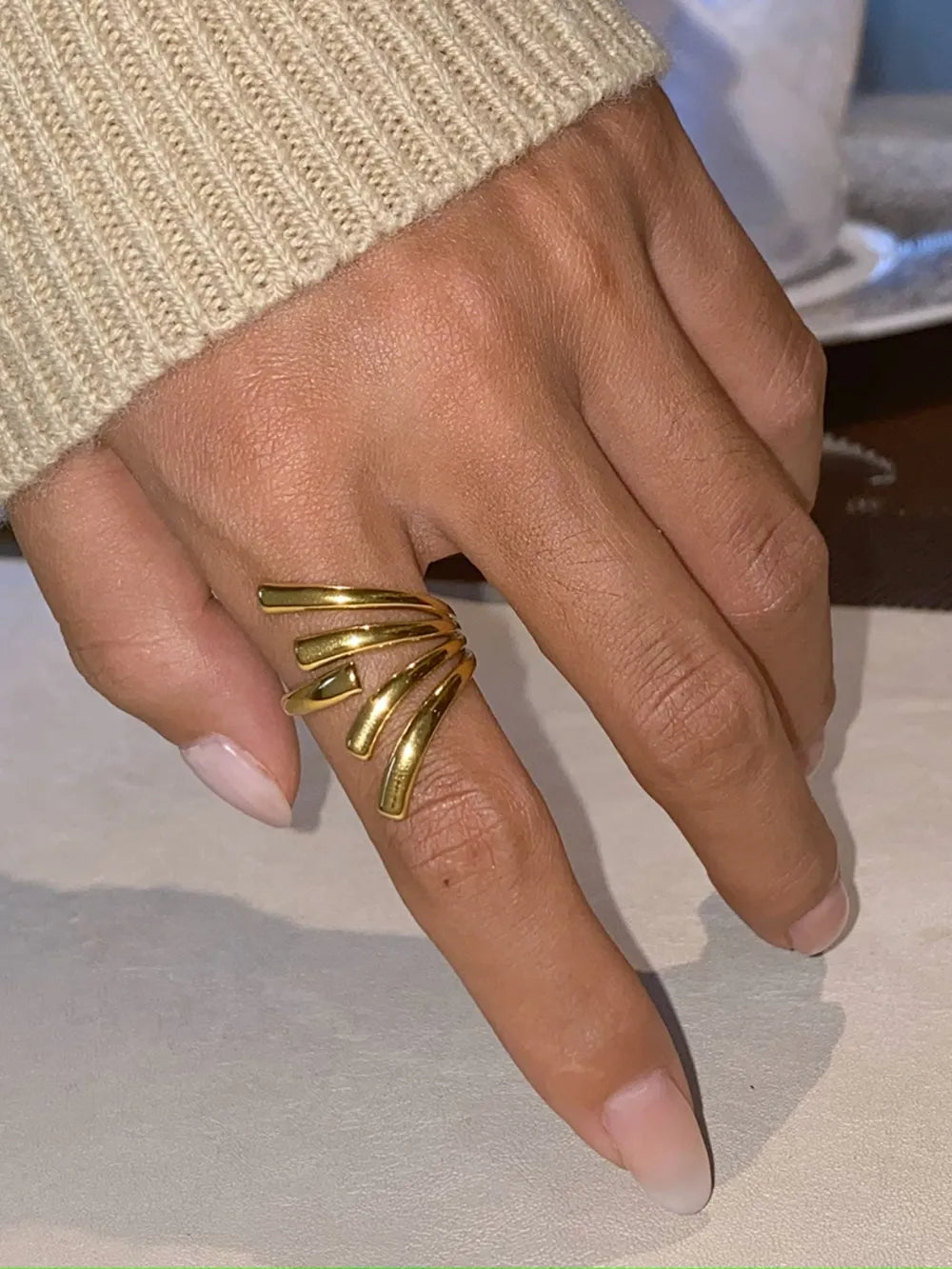 18K gold-plated stainless steel open ring with an irregular design, showcasing a modern and stylish jewelry piece.