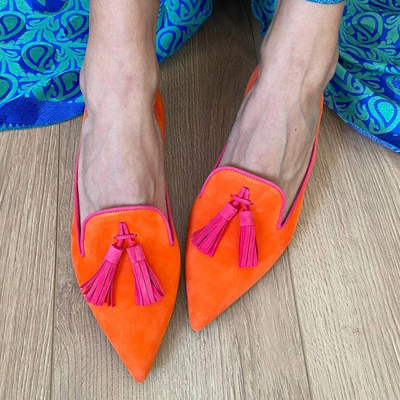Women's suede pointed toe tassel flats with low heel, casual footwear by Plush Fashion Hub, shown in a stylish shallow mouth design.