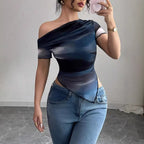 Women’s tie-dye one-shoulder mesh ruched top by FitiqueFit, featuring asymmetrical design and stretch fabric for casual outings.