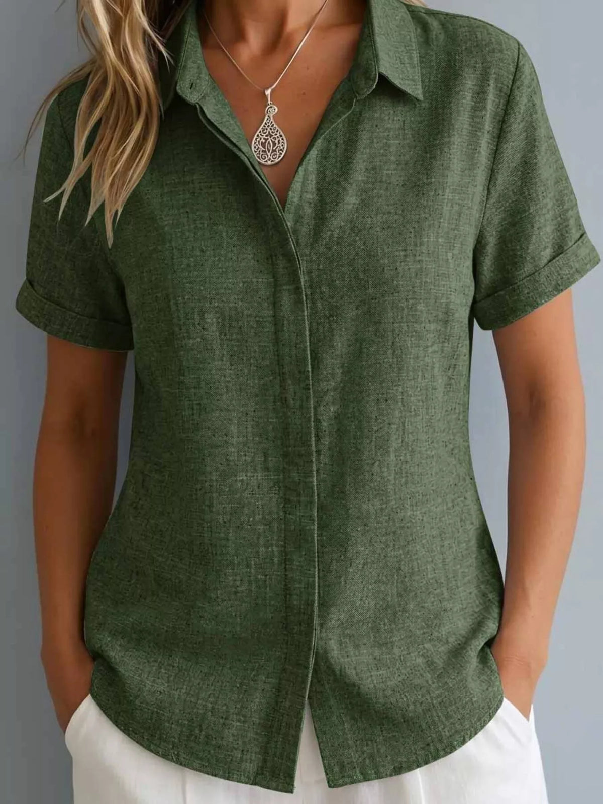 Plus size collared short sleeve shirt from Trendsi, stylish full-size top with button-up design and classic collar.