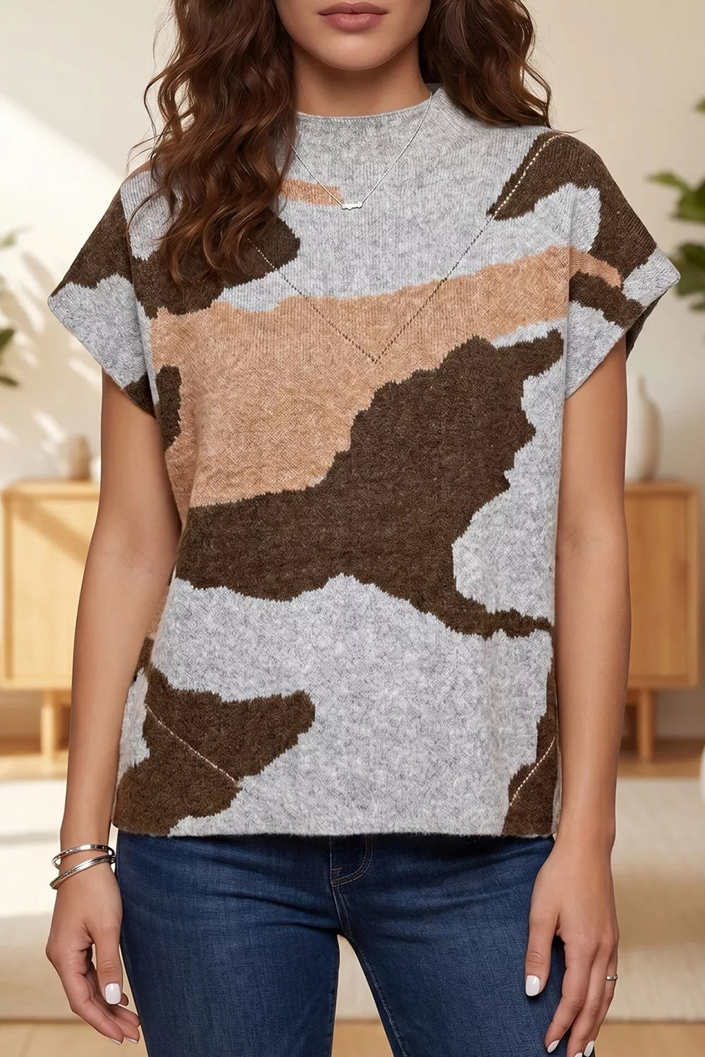 Camouflage drop shoulder high neck short sleeve shift sweater from Plush Fashion Hub, casual shirt with a military print design.